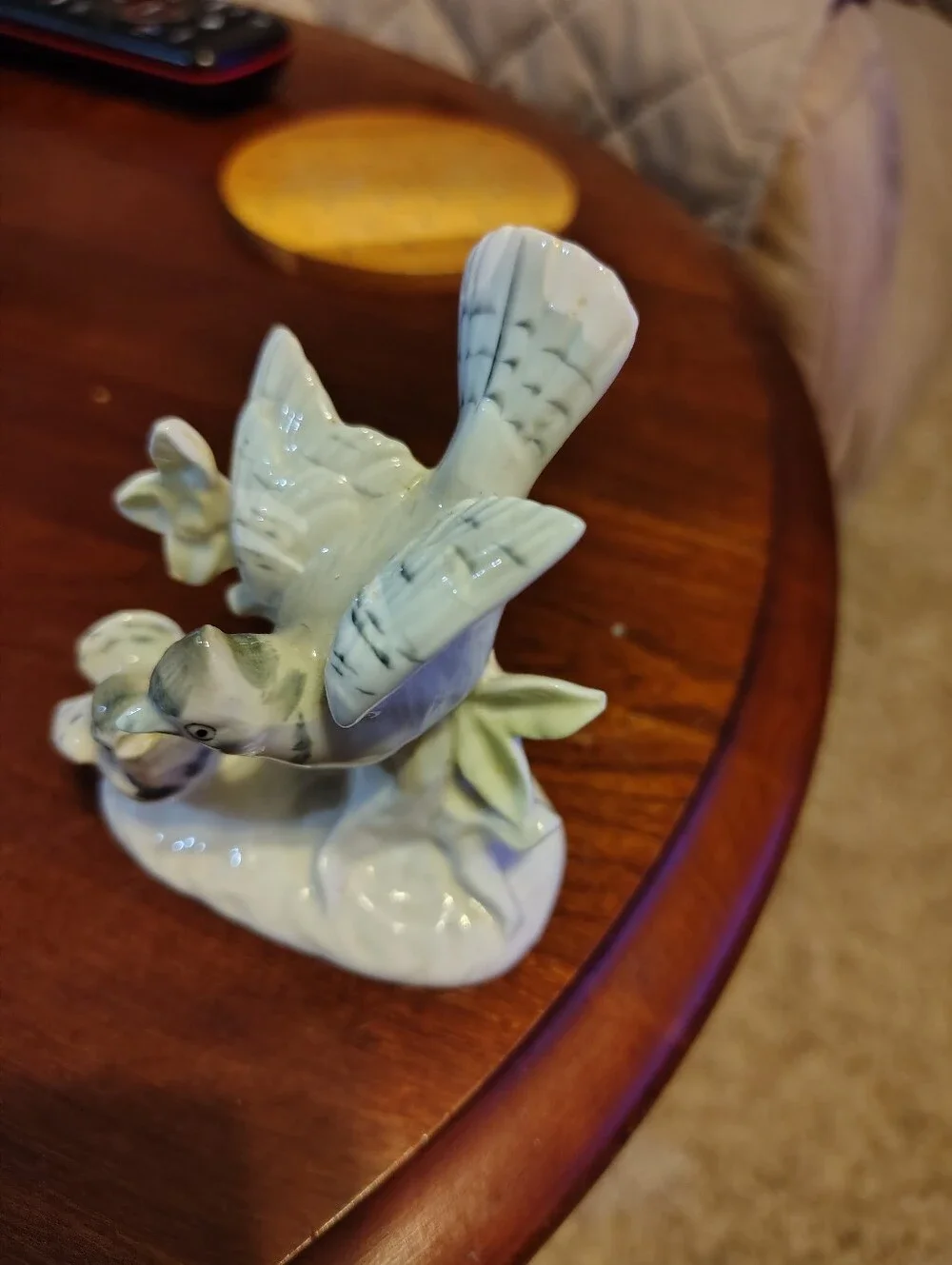 Vintage Japan Blue Jay And Baby Ceramic Bird Figurine in Pale Green -